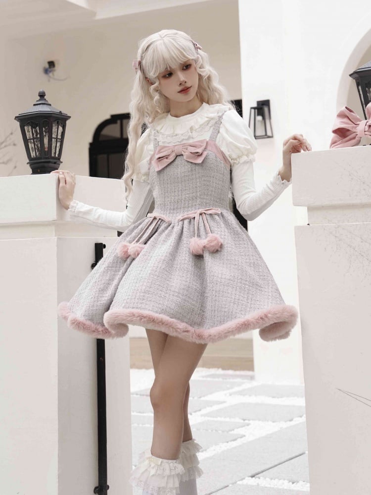 Gray and Pink Plush Hemline Pompoms Waist Tweed Jumper Skirt - Sukuroi