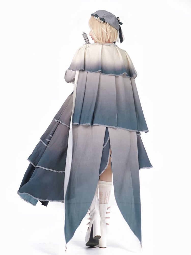 Blue Ombre Layered Irregular Skirt Long Sleeves One Piece/Full Set