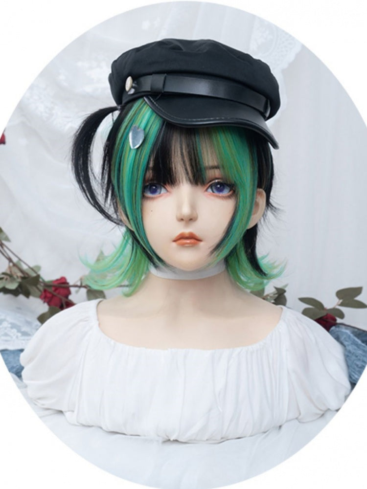 Dip Dyed Blue and Green Highlight Short Synthetic Wig