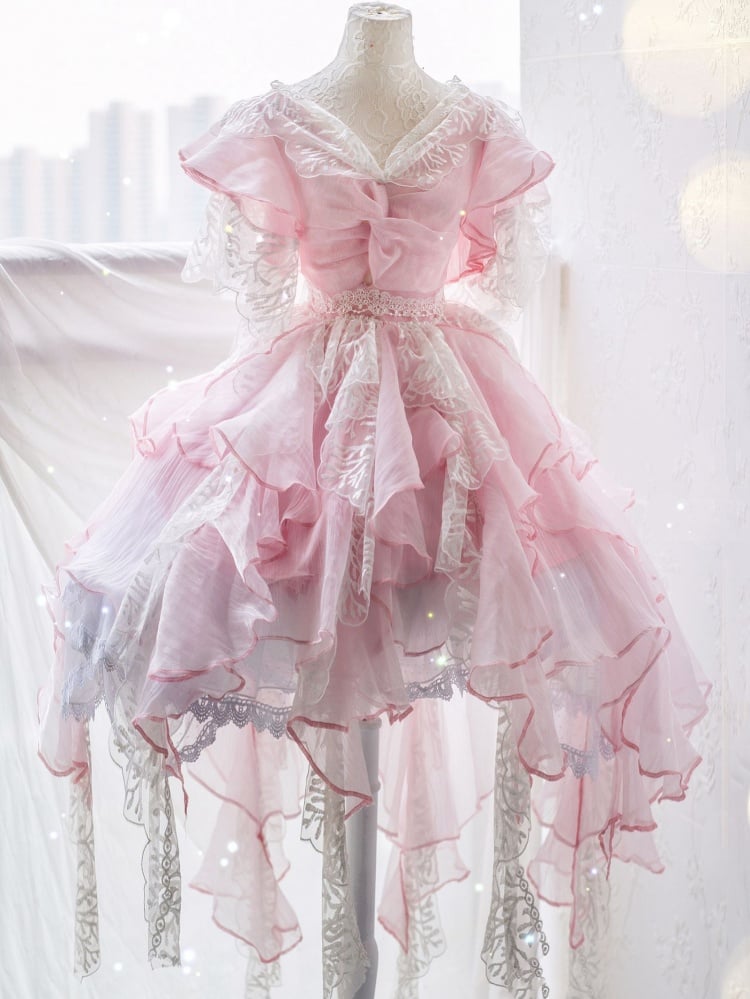 Fairycore Dress Full Set- Coral Embroidery Pink Princess Dress + Shell Tiara + Shell Wrist Cuffs