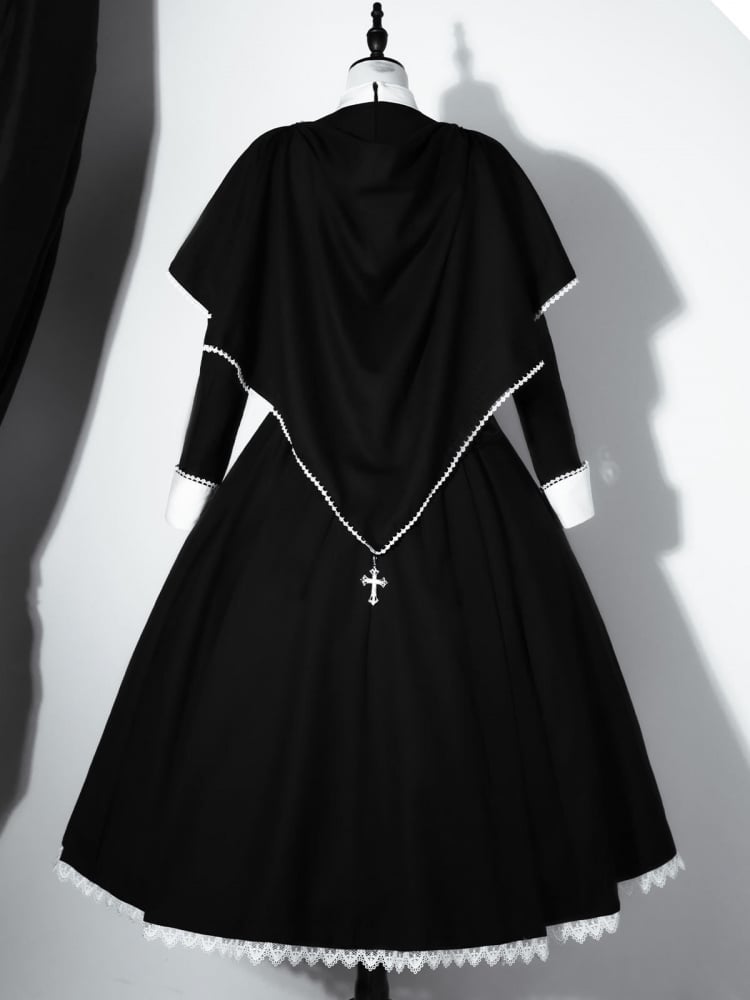 Black and White Cross Embroidery Gothic Nun Lolita Dress + Cape