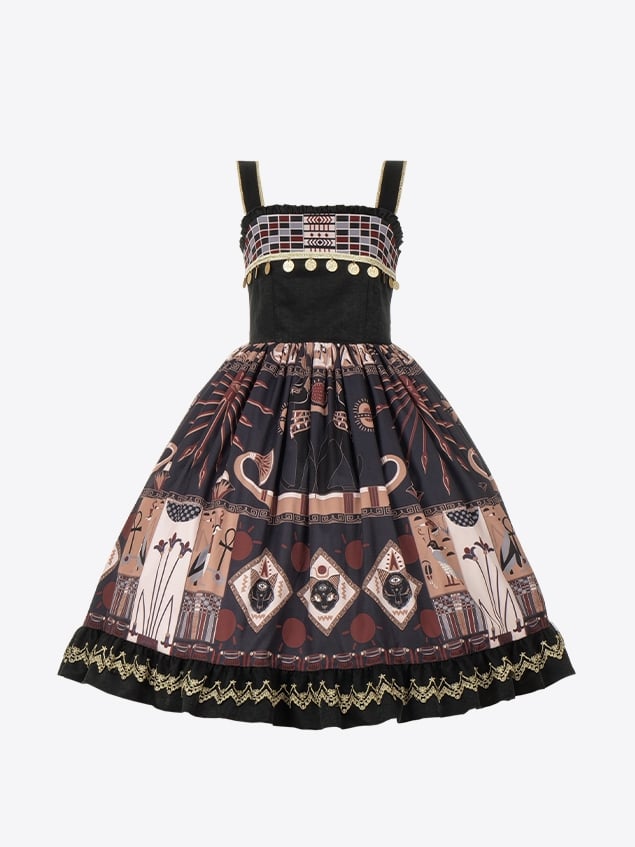 Black Ancient Egypt Totem Print High Waist Jumper Skirt