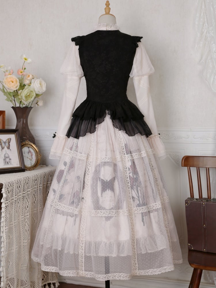 Elegant Gothic Butterfly and Rose Print Basque Waist Slip Dress