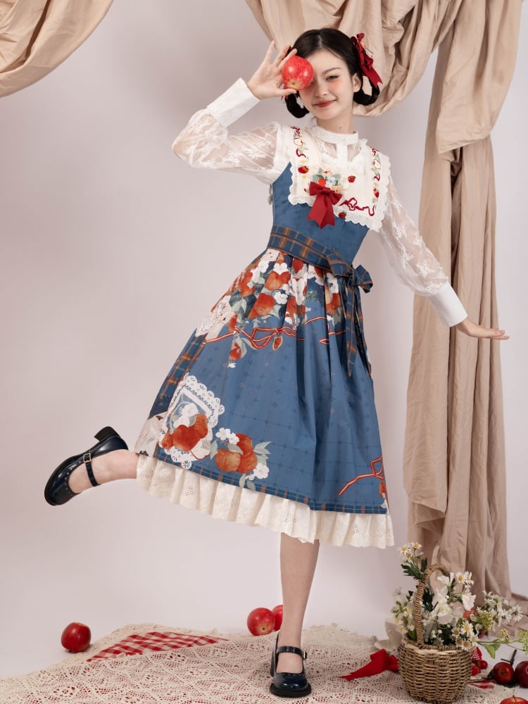 Apple and Floral Embroidery Square Neckline Blue Jumper Skirt