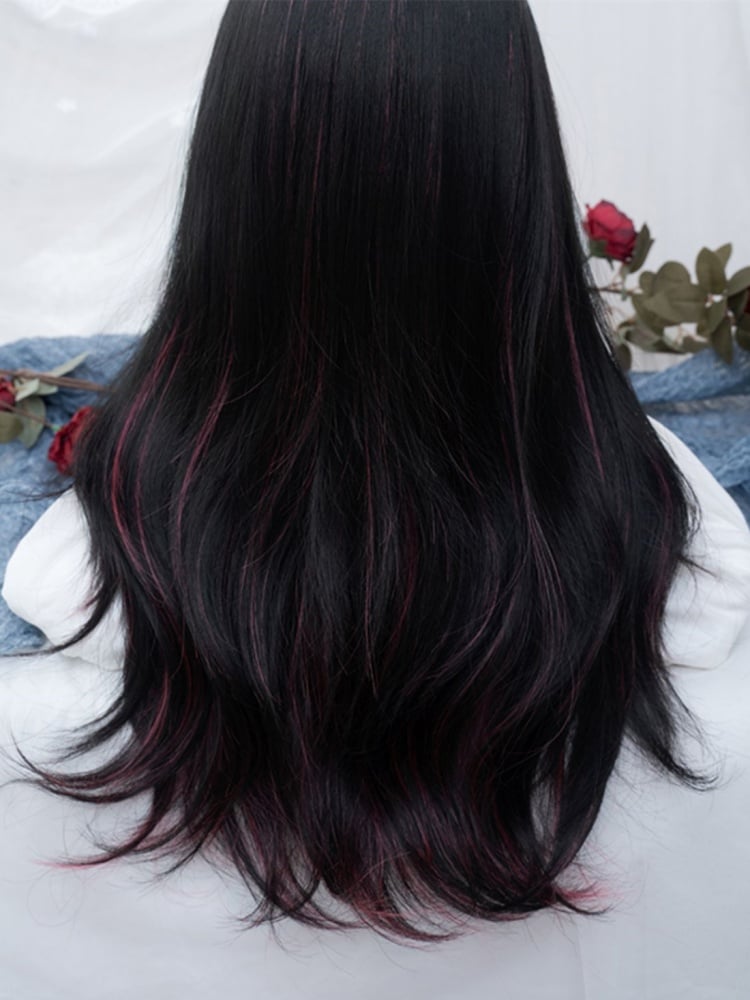 Rose Red Highlight and Black Long Wavy Synthetic Wig