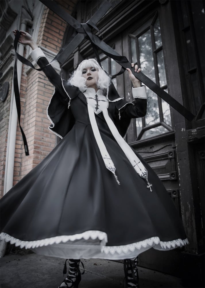 Black and White Cross Embroidery Gothic Nun Lolita Dress + Cape