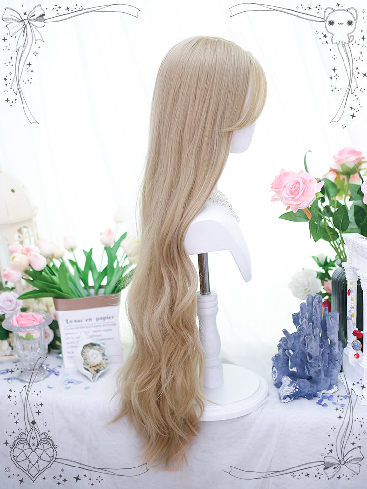 Champagne Curtain Bangs Long Wavy Synthetic Wig