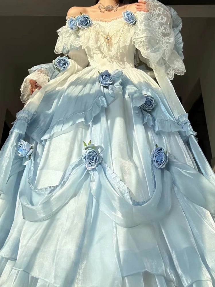 Blue Ombre Fairy Princess Dress Roses Decorated Hime Lolita Tea Party Dress - Sukuroi