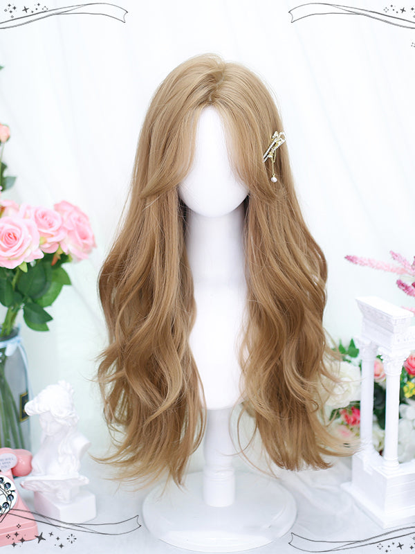 Curtain Bangs Champagne Gold Wavy Long Synthetic Wig