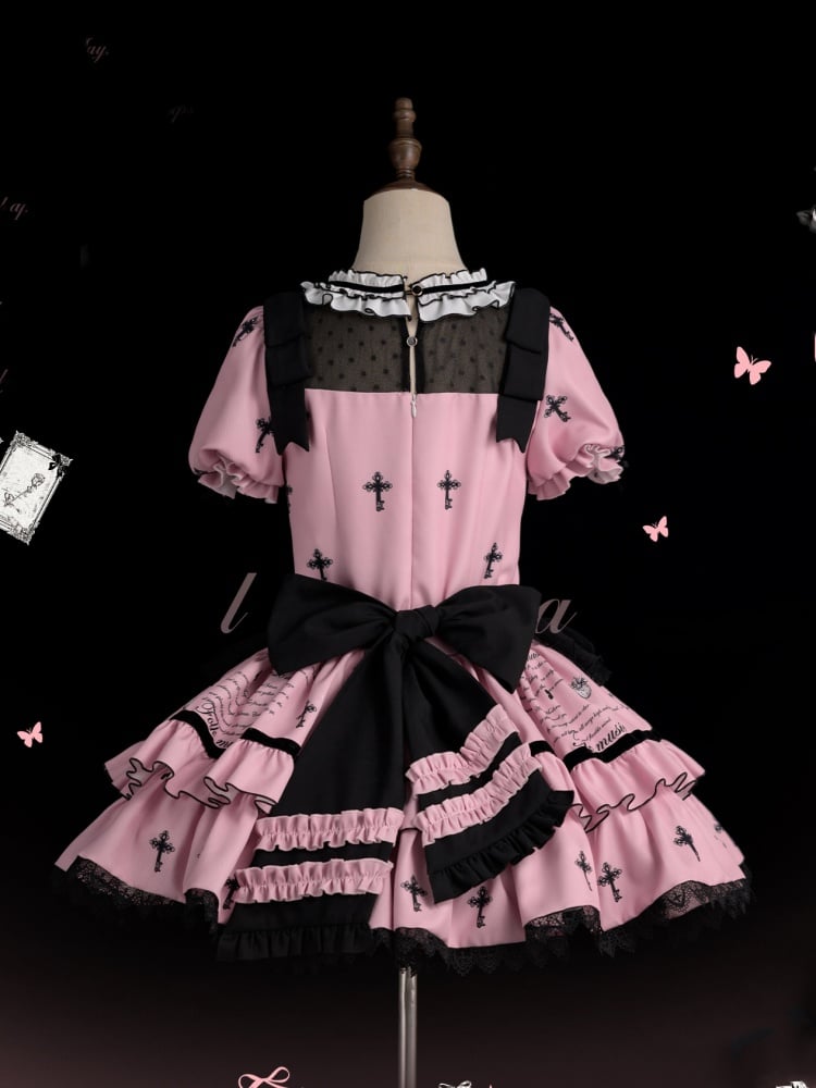 Black and Pink Cross and Bunny Print One Piece with Detachable Sleeves - Sukuroi