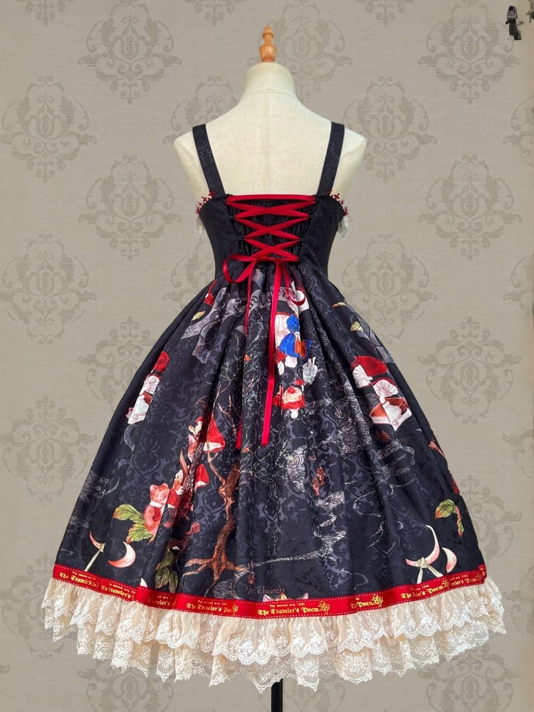 Clearance-Size S For Bust 82-92cm Black Cat and Mushroom Print Corset Dress Jumper Skirt - Sukuroi