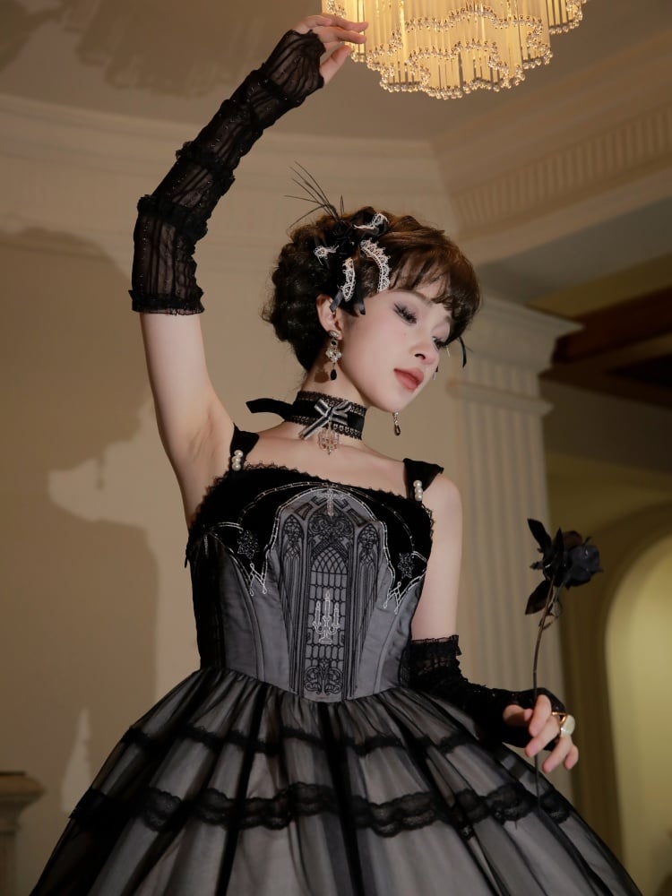 Black and Gray Church Window Embroidery Bodice Jumper Skirt - Sukuroi