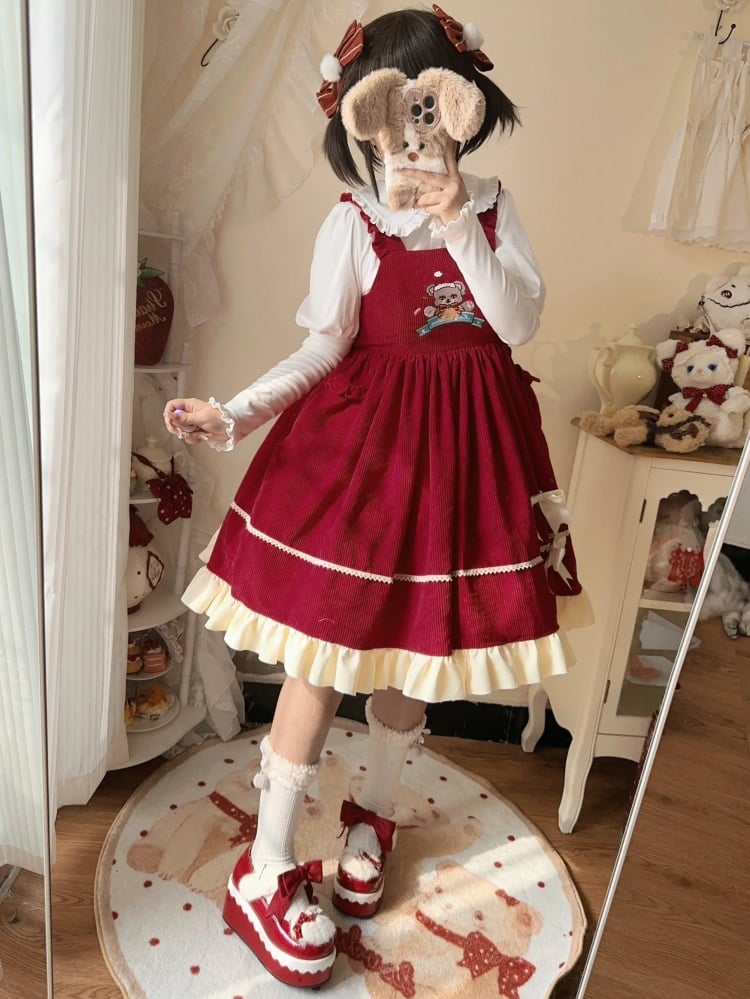 Red Christmas Bear Embroidery Bodice High Waist Jumper Skirt