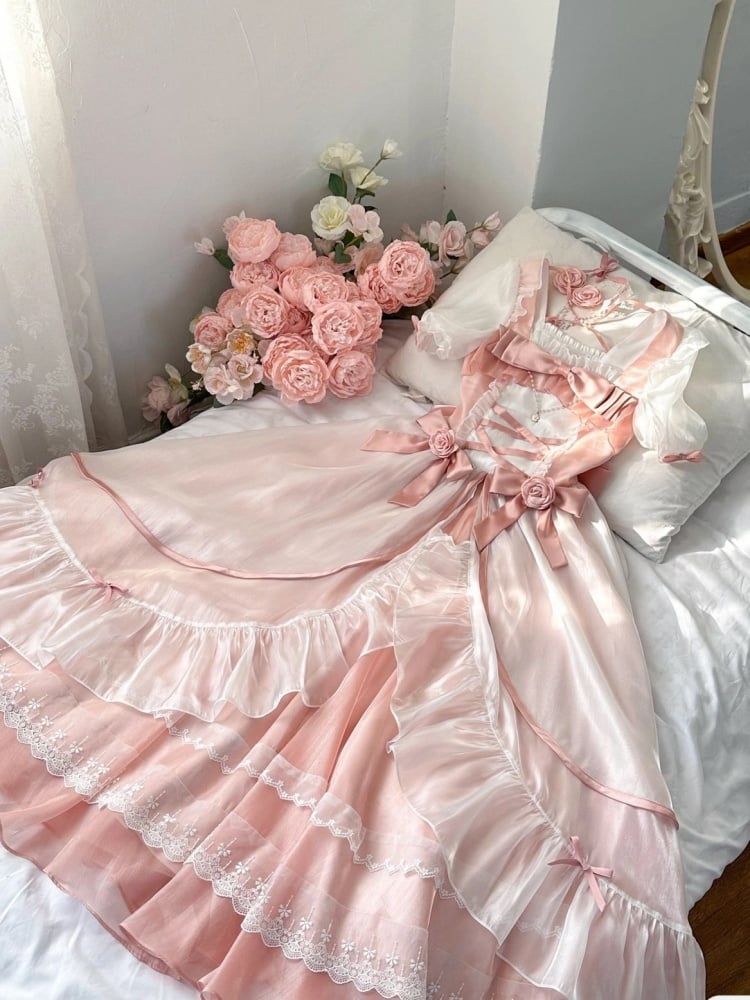 Pink Elegant Princess Dress Puff Sleeves Gorgeous One Piece