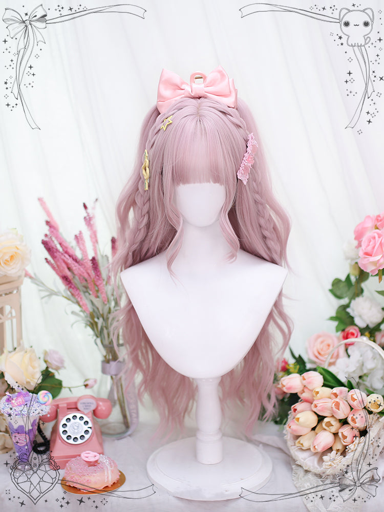 Peach Pink Air Bangs Long Wavy Synthetic Wig