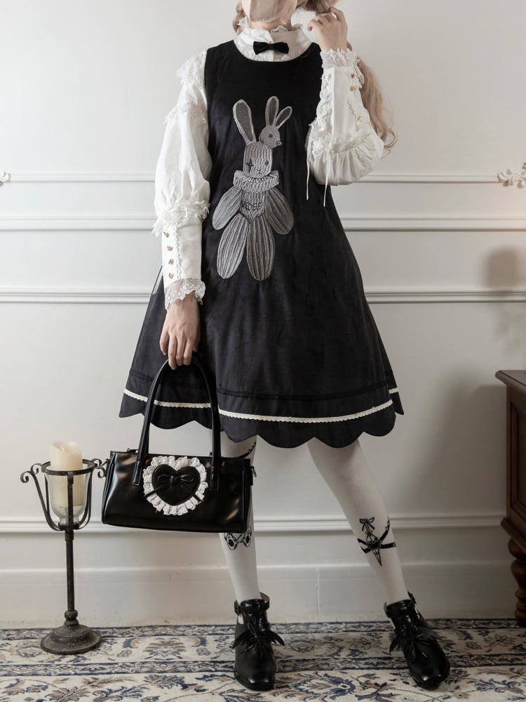 Black Velvet Bunny Embroidery Scallop Trim Hemline Jumper Skirt - Sukuroi