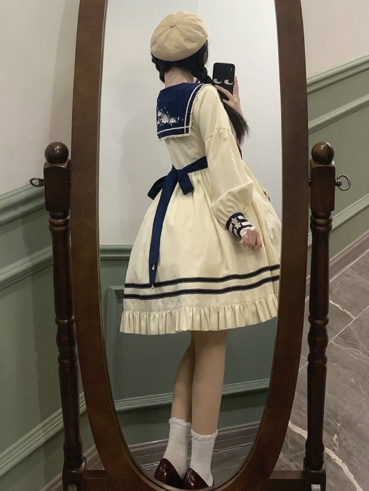 Cloud Embroidery Sailor Collar Dress Beige and Dark Blue One Piece