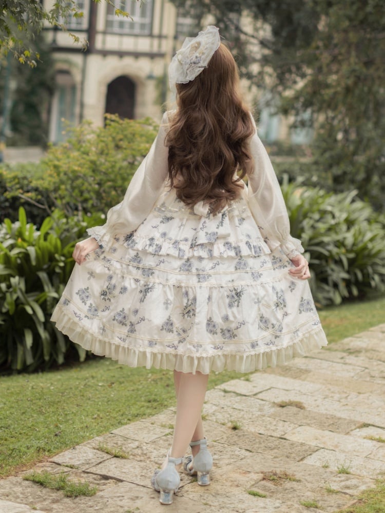 Apricot Elegant Floral Dress Rosette Print Jumper Skirt - Sukuroi