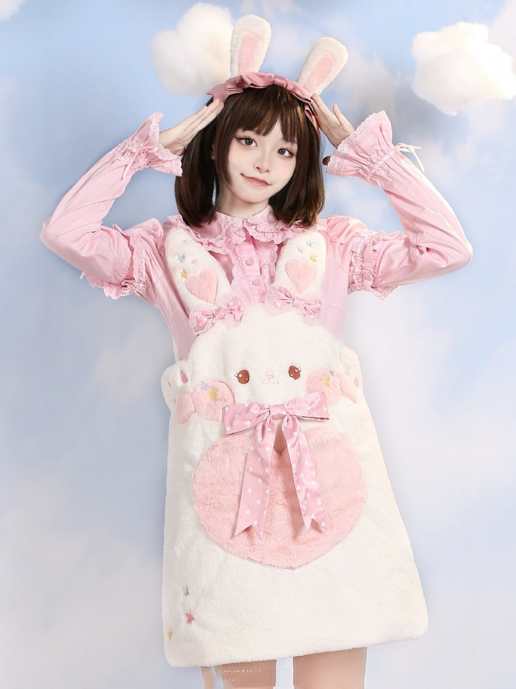 White Bunny Ears Plush Overall Dress Bowknot Details