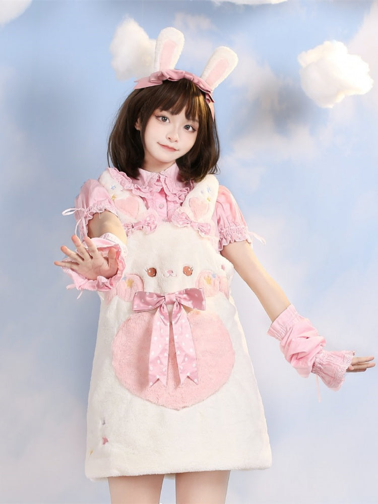 White Bunny Ears Plush Overall Dress Bowknot Details