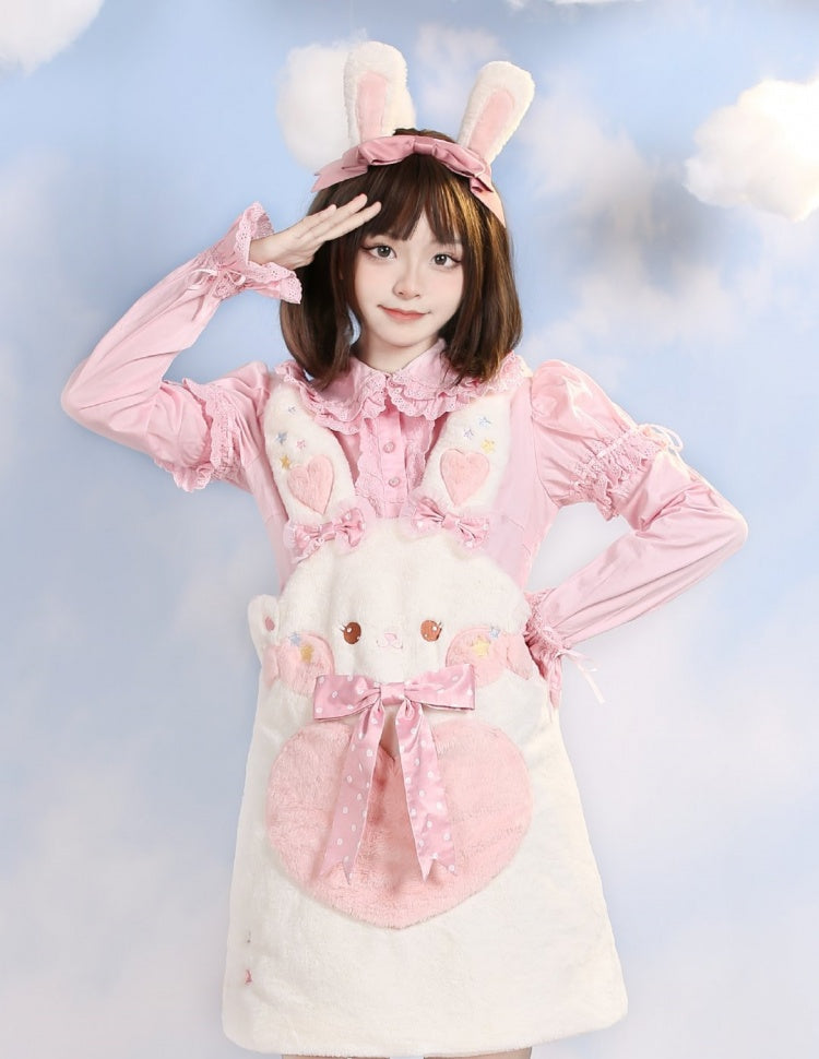 White Bunny Ears Plush Overall Dress Bowknot Details