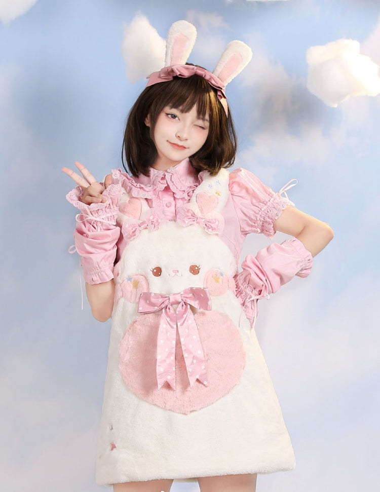 White Bunny Ears Plush Overall Dress Bowknot Details