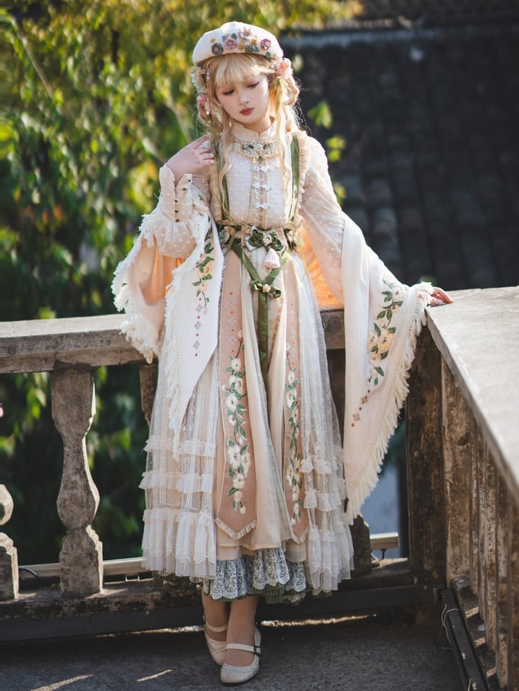 Beige and Green Long Sleeves Lolita Dress OP / Full Set