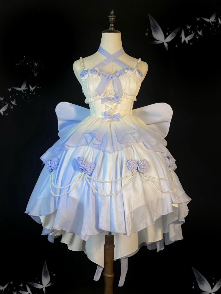 Clearance-Size L for Bust 90-98CM Fairy Blue Princess Dress Prom Rose Details Ombre Jumper Skirt - Sukuroi