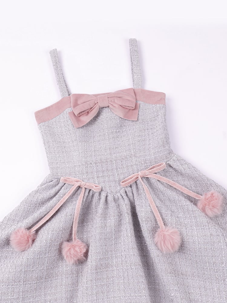 Gray and Pink Plush Hemline Pompoms Waist Tweed Jumper Skirt - Sukuroi