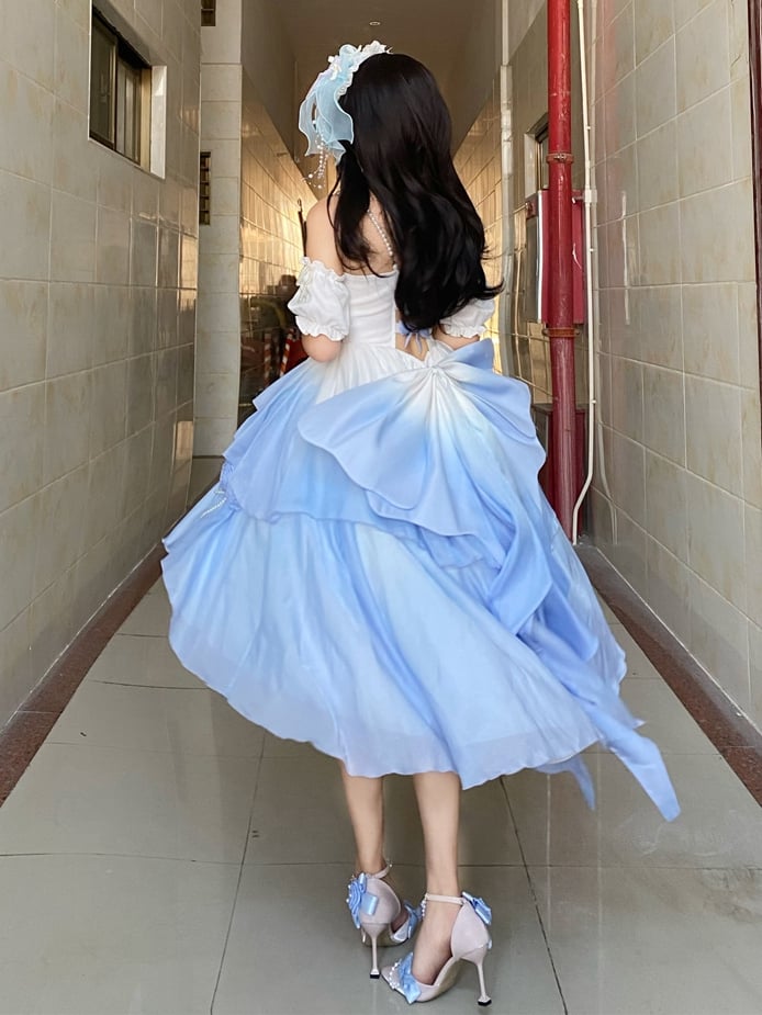 Clearance-Size L for Bust 90-98CM Fairy Blue Princess Dress Prom Rose Details Ombre Jumper Skirt - Sukuroi