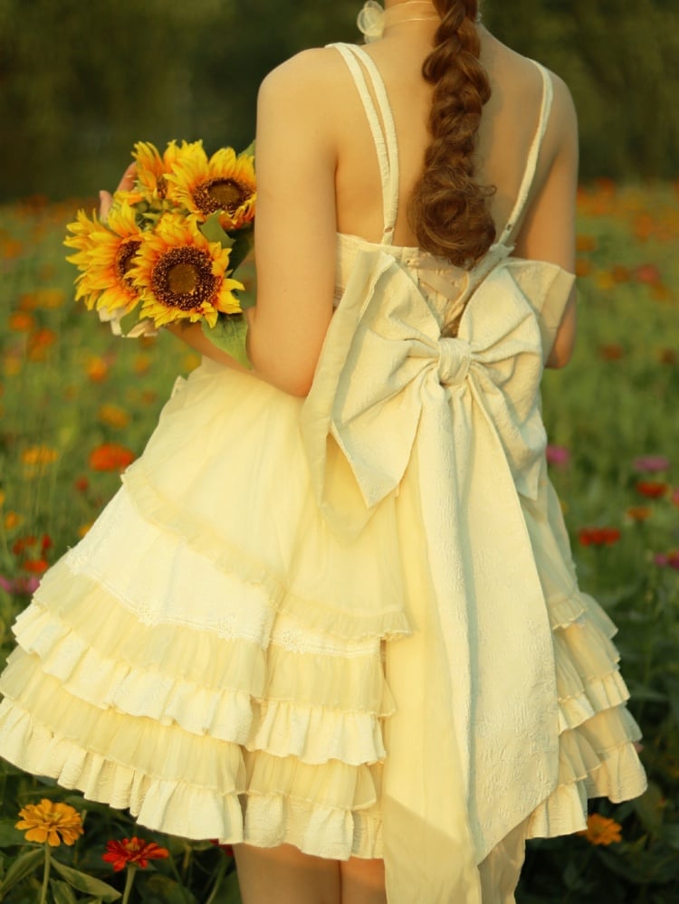 Beige Sweetheart Neckline Boned Bodice Balletcore Jumper Skirt Tiered Ruffles with Big Bow