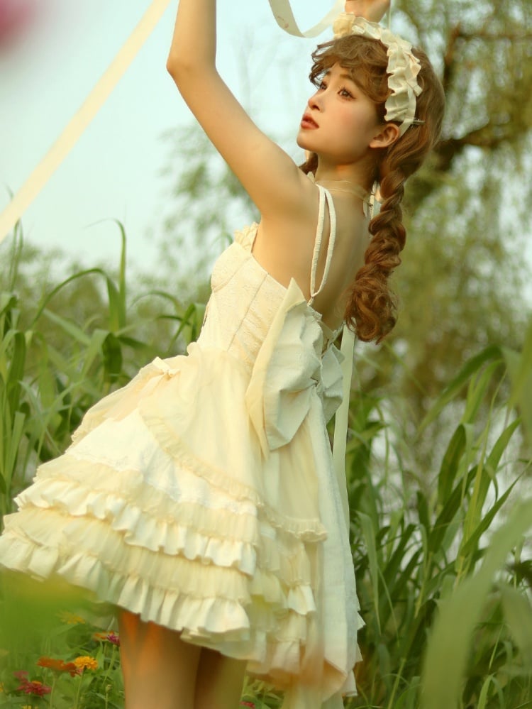 Beige Sweetheart Neckline Boned Bodice Balletcore Jumper Skirt Tiered Ruffles with Big Bow