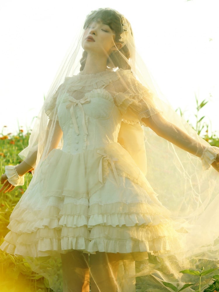 Beige Sweetheart Neckline Boned Bodice Balletcore Jumper Skirt Tiered Ruffles with Big Bow