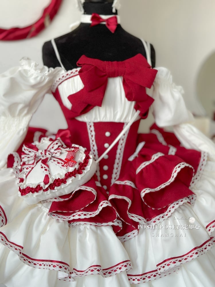 Christmas Puffy Dress White and Red Jumper Skirt Full Set