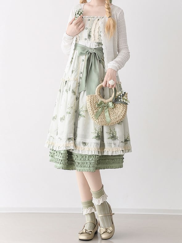 Green Lily of the Valley Print Jumper Skirt Front Button Placket Hem - Sukuroi