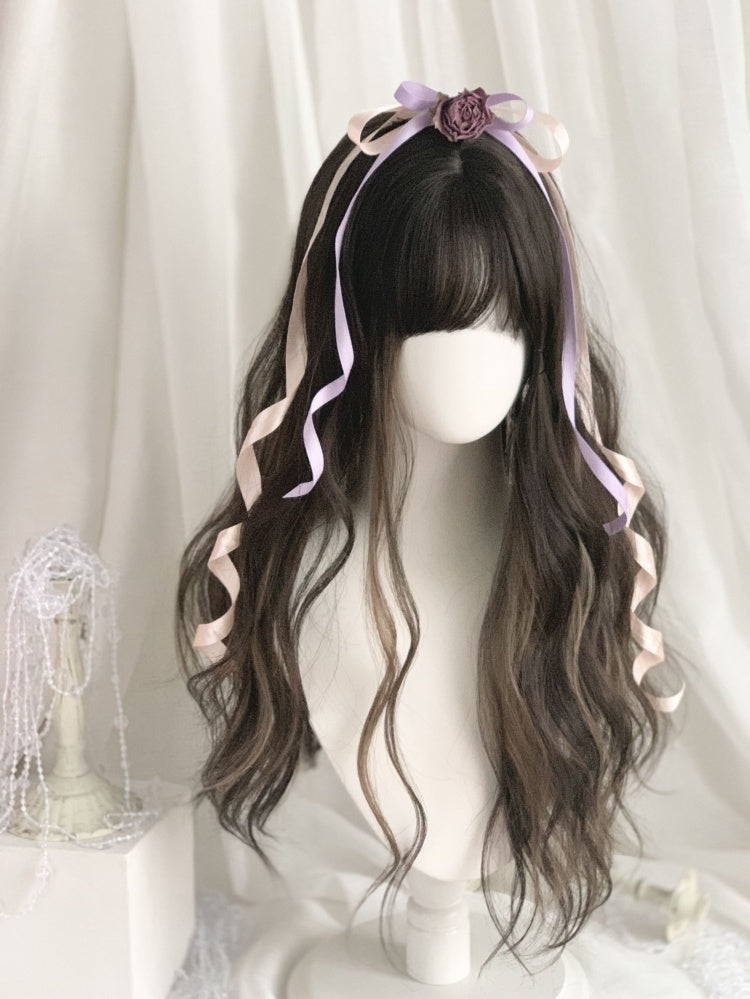 Highlight Hair Color Black and Light Brown Long Wavy Synthetic Wig