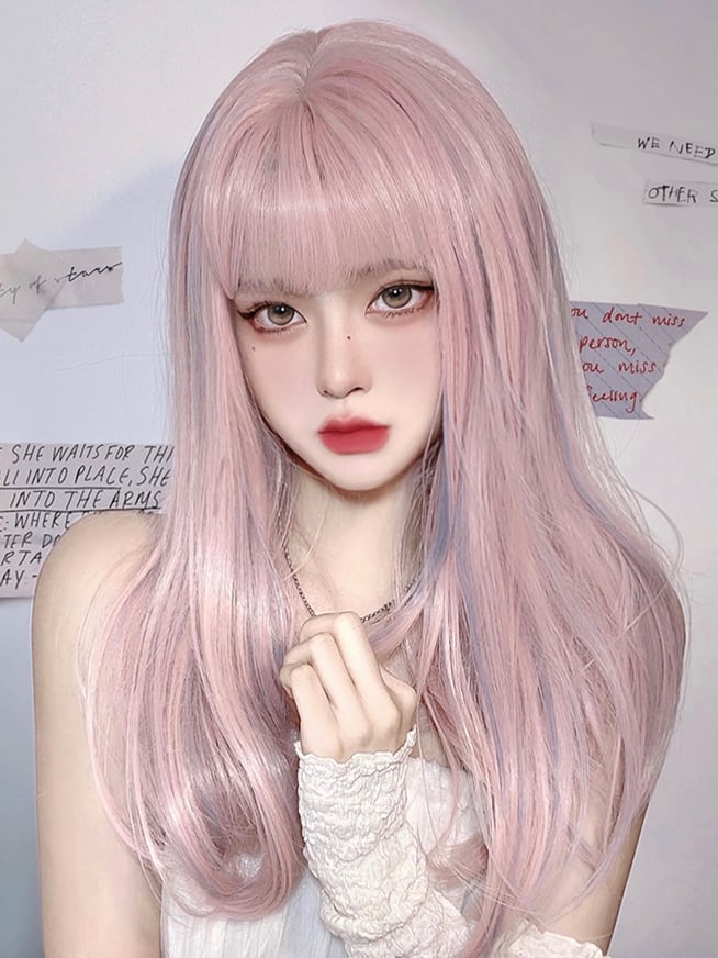 Sakura Pink Highlight Light Blue Straight Synthetic Wig