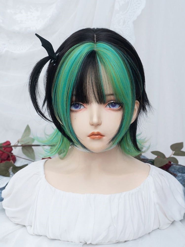 Dip Dyed Blue and Green Highlight Short Synthetic Wig