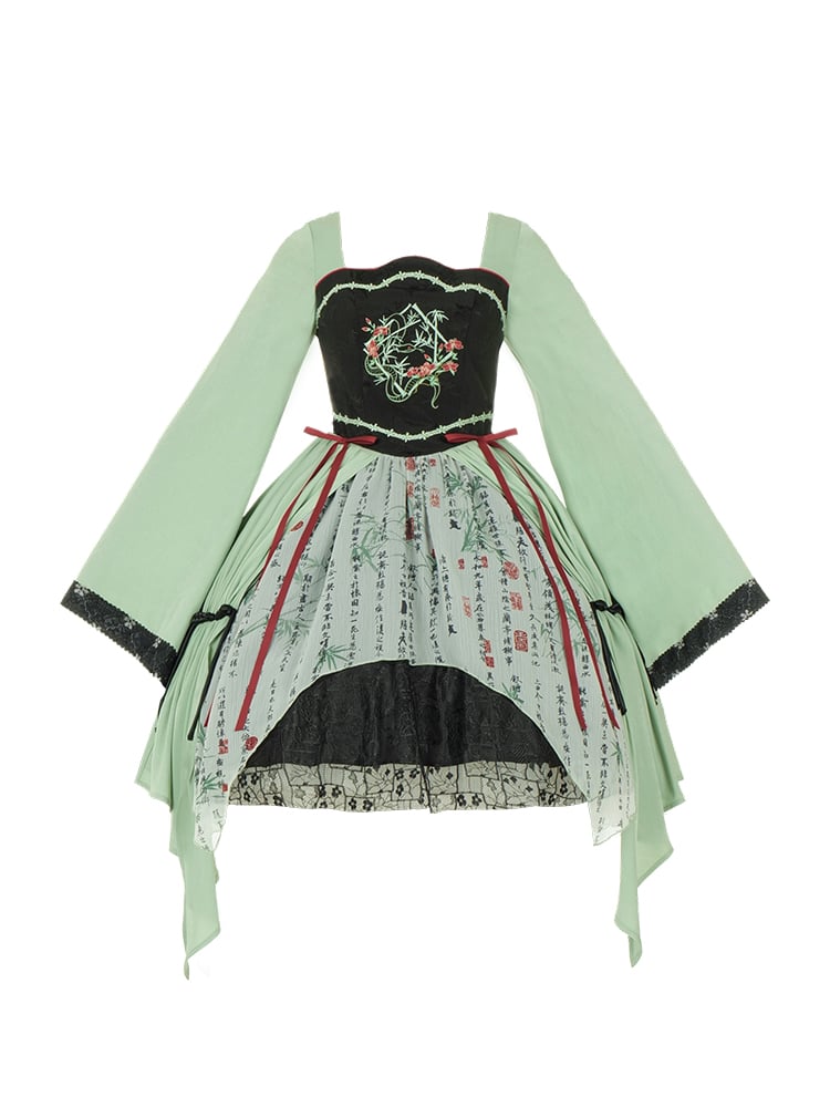 Green and Black Snake and Bamboo Embroidery Bodice Han Lolita Dress