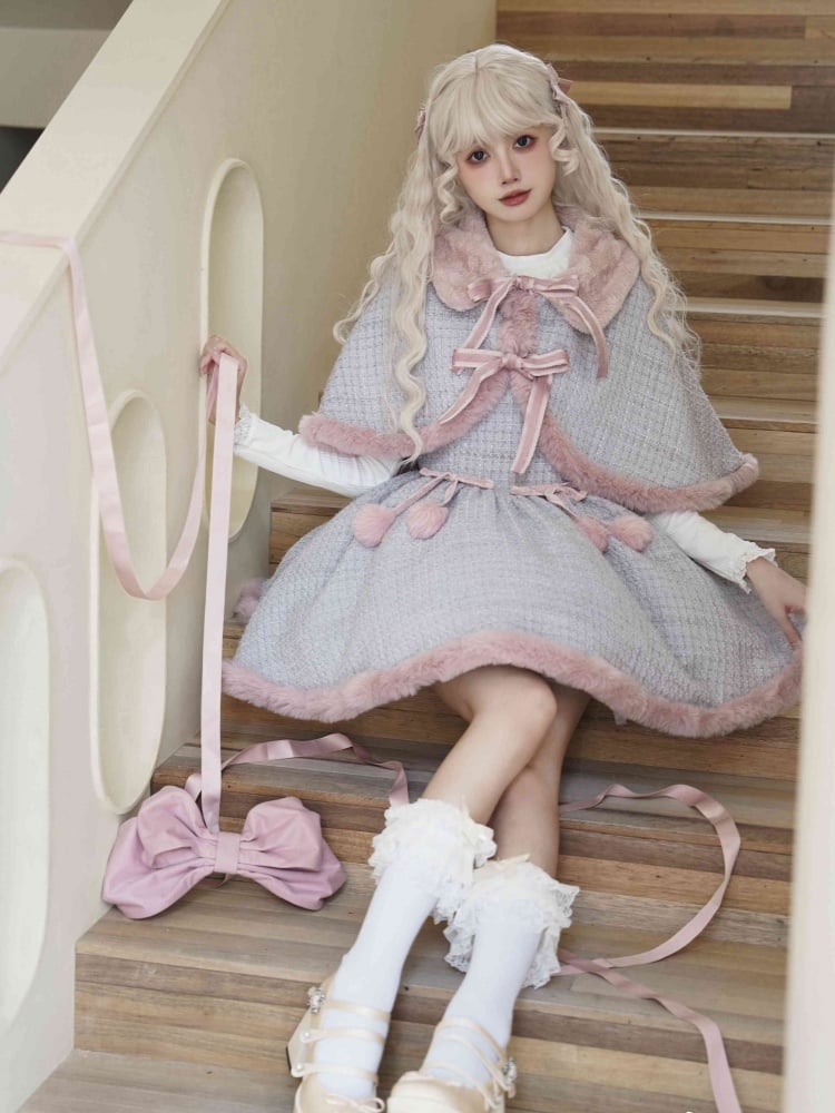 Gray and Pink Plush Hemline Tweed Jumper Skirt + Cape - Sukuroi