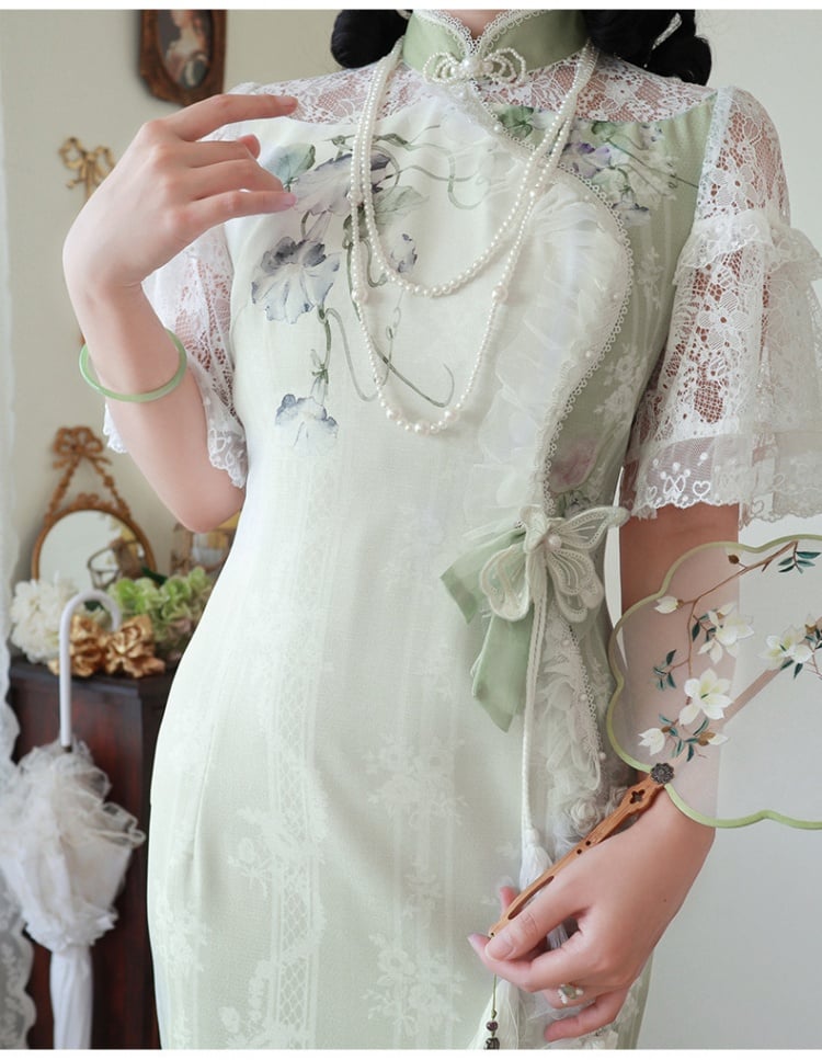 Light Green Figs and Floral Print Elegant Qipao Dress