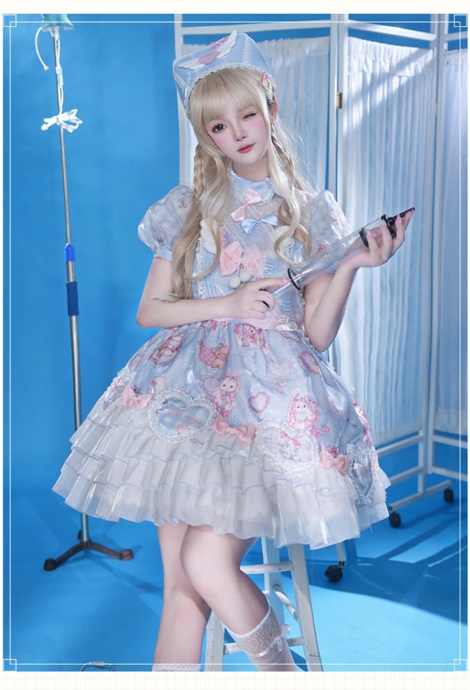 Light Blue Bunny Print One Piece Puff Sleeves Sweet Dress