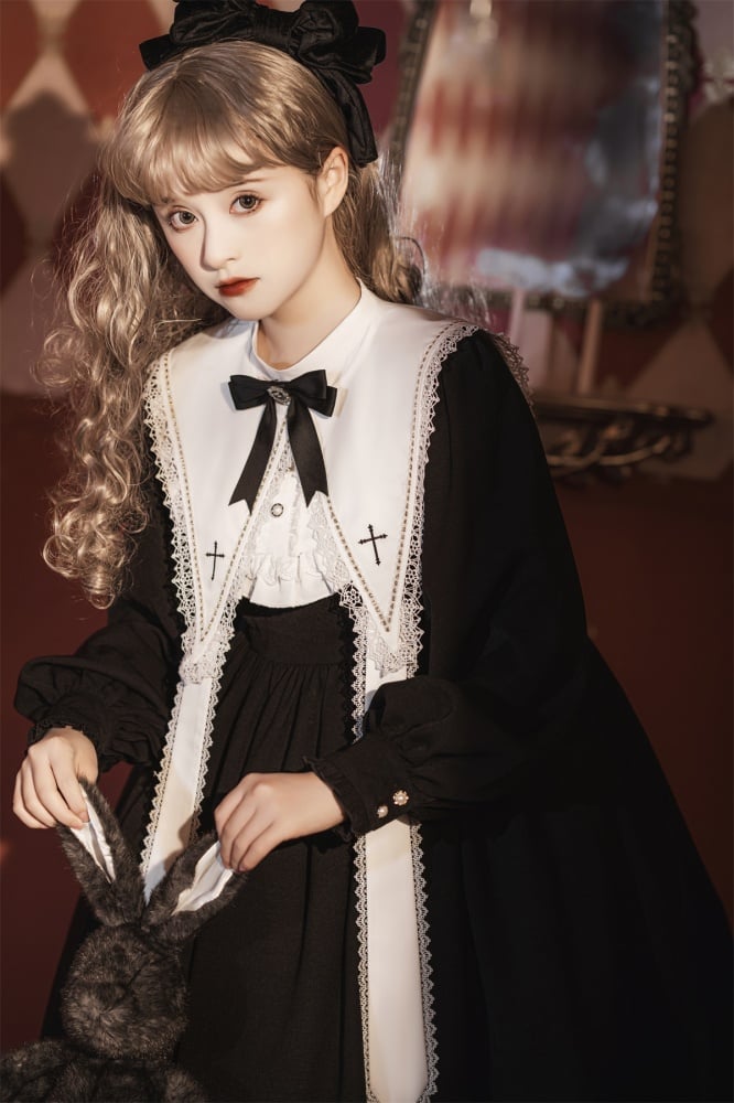 Black and White Cross Embroidery Pointed Collar with Straps One Piece