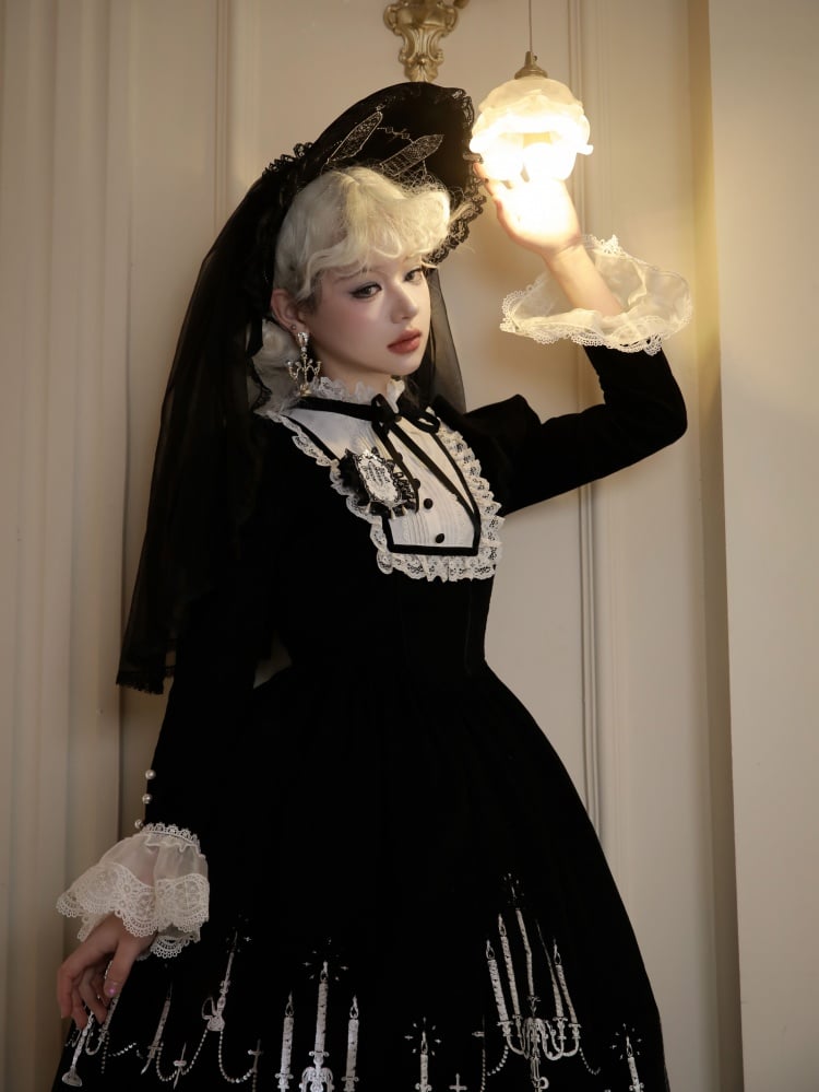 Cross and Candlestick Embroidery Black and White Gothic One Piece - Sukuroi