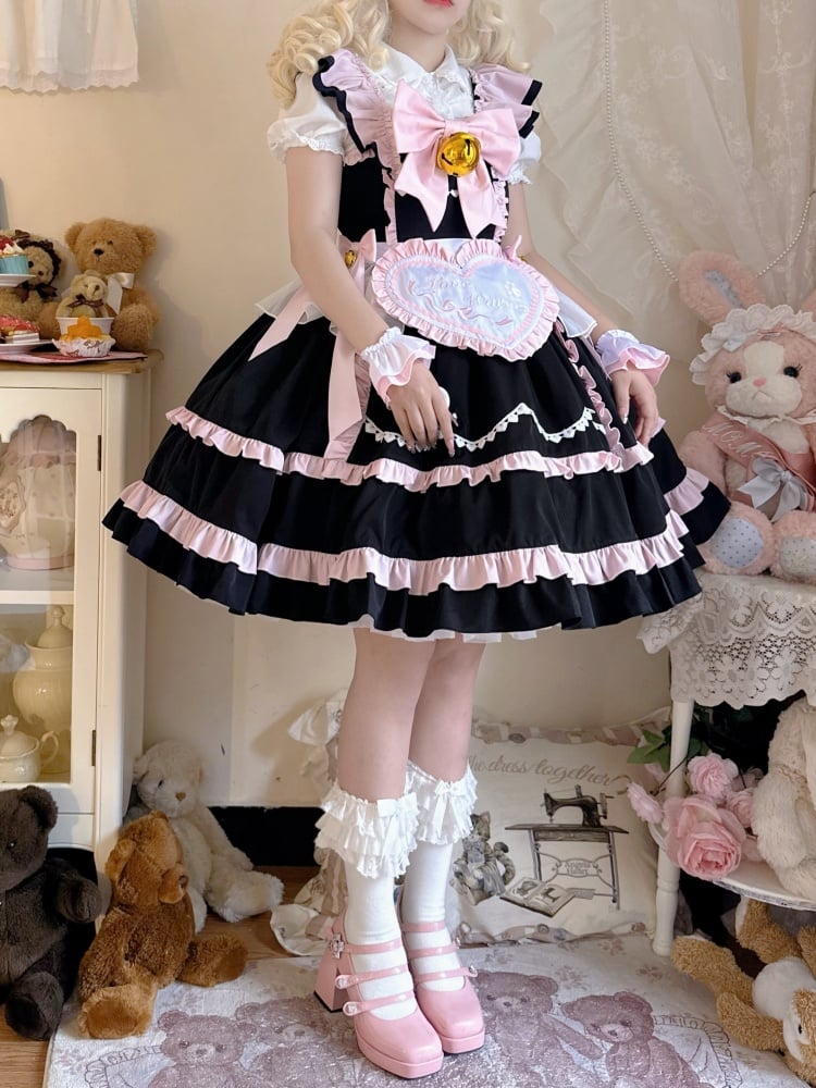 Black and Pink High Waist Jumper Skirt with Heart Apron and Wristcuffs