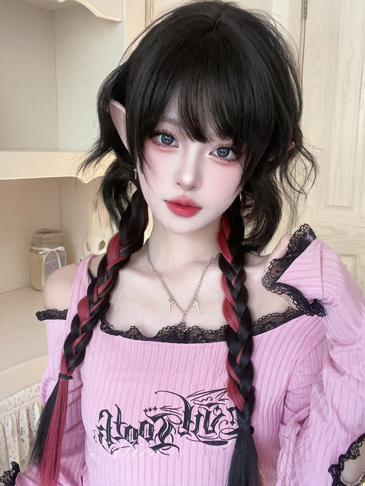 Black Short Wavy Wig with Rose Pink Highlight Braids