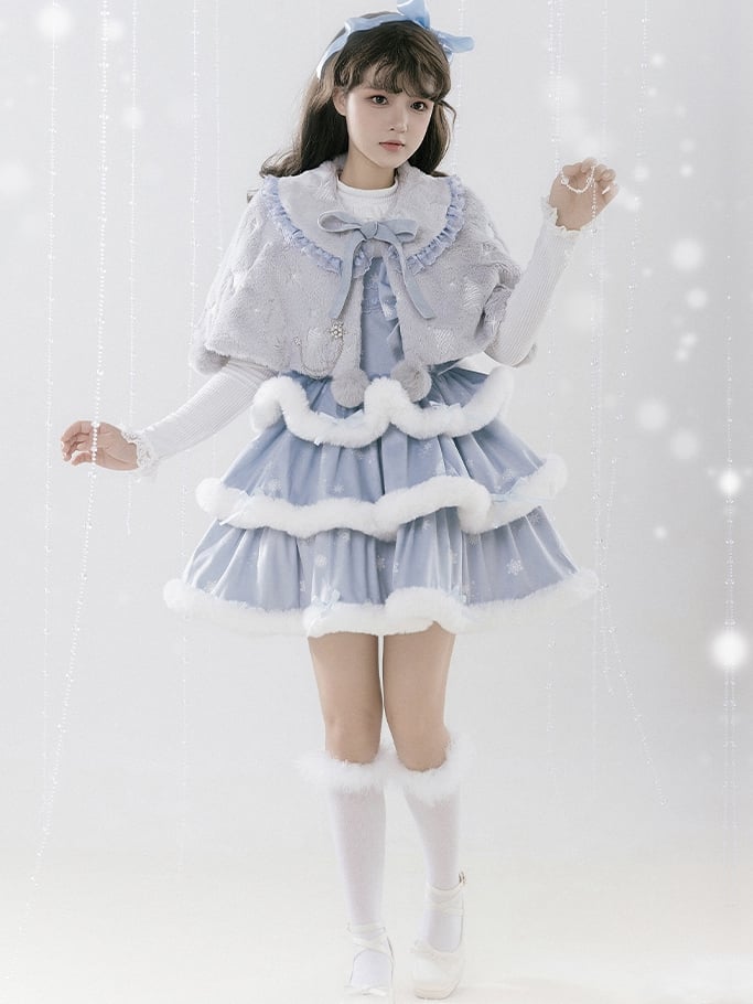 Blue Snowflake Print White Plush Trim Tiered Jumper Skirt - Sukuroi