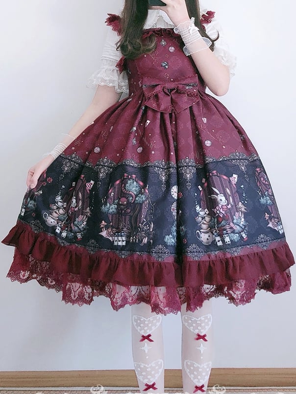 Plus Size Friendly Pink/Wine Red Sweet Dress Fairy and Bunny Print Jumper Skirt