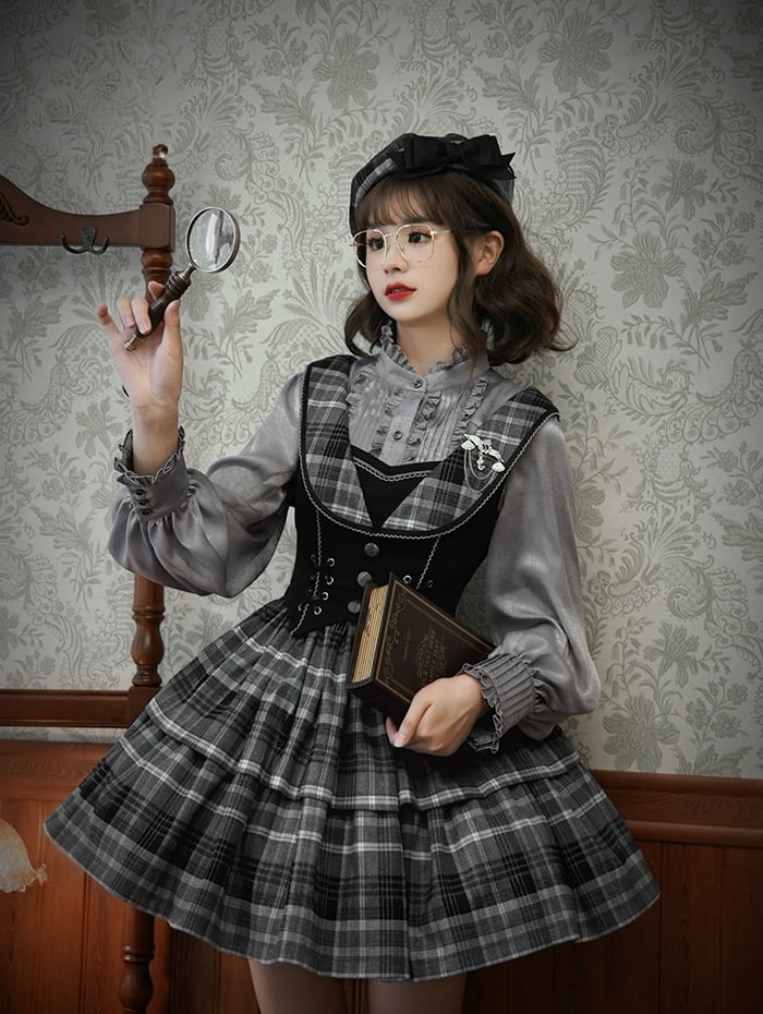 Dark Academia Fashion Little Detective Plaid Dress Black and Gray Jumper Skirt + Cape Set