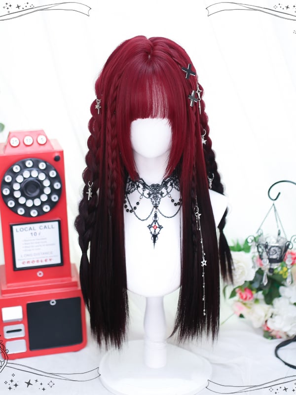 Red and Black Long Straight Synthetic Wig